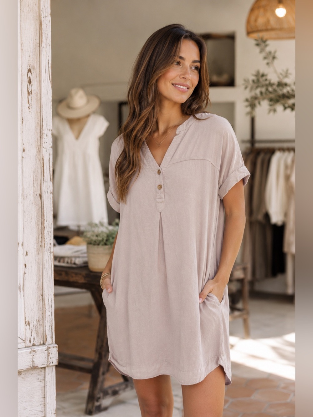 easel Blush Pink Short Sleeve Henley Tunic